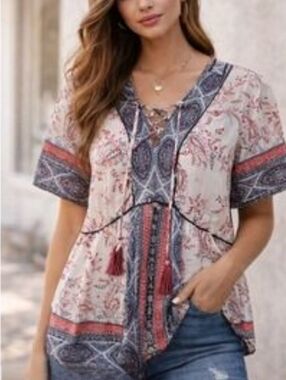 Knox Rose Paisley Floral Sheer Chiffon Lace Up Tassel Peasant Blouse Multi L
